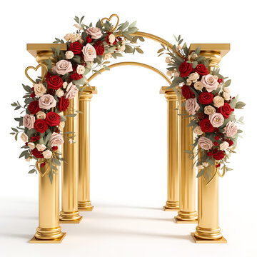 Golden wedding arch decorated with red and white roses and greenery white background.