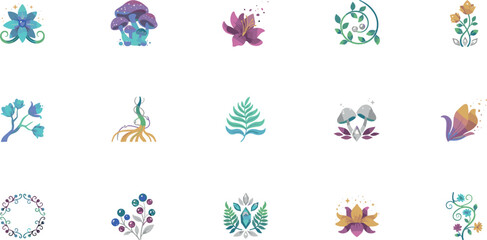 Mystical watercolor fairytale forest icons set with magic mushrooms botanical ferns wildflowers crystal elements and enchanted garden wreaths vector collection © Monirul