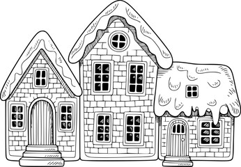 雪に覆われた屋根のある居心地の良い冬の村の住宅団地の手描き図 © simplevector