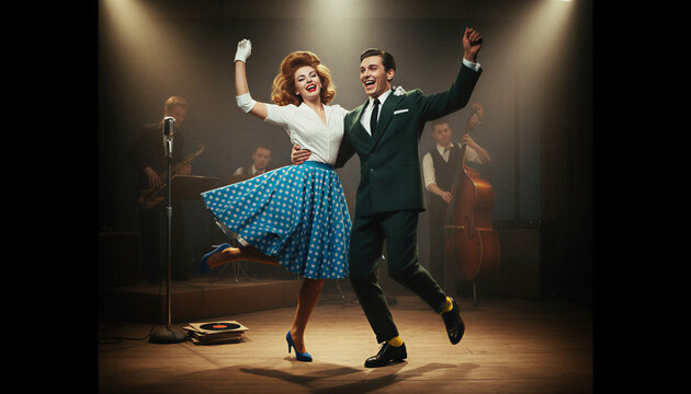 Happy couple dancing in vintage outfits on stage with musicians  