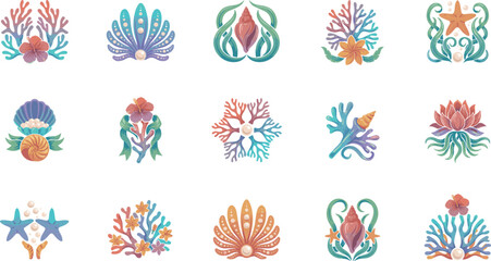 Beautiful watercolor marine life icons set with coral reefs pearls sea shells starfish and mystical underwater ocean elements vector collection © Monirul