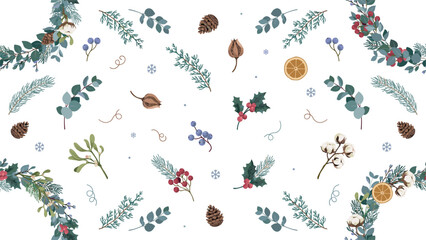 Winter botanical Christmas seamless pattern background featuring green pine leaves eucalyptus wreaths holly berries and rustic pinecones © MdMonirul