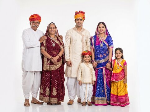 Happy Multigenerational Rajasthani Family Standing Together in Traditional Clothing on White Background