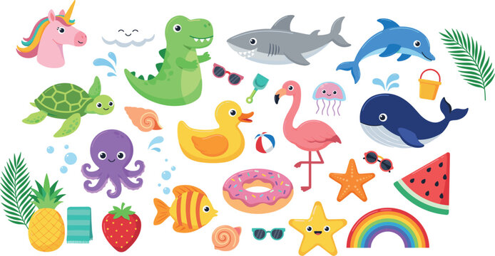 Cute cartoon sea animals and summer pool elements collection with shark whale dolphin flamingo tropical fruits and beach vacation stickers