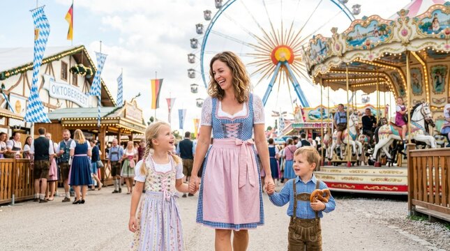 Family enjoying traditional Bavarian attire at a lively Oktoberfest celebration