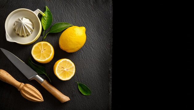 Limones Amarillos Con Cuchillo Y Exprimidor Sobre Pizarra Oscura Vista Superior Limones Enteros Y En Rodajas Con Utensilios Sobre Superficie Oscura Editorial Rustica De Citricos