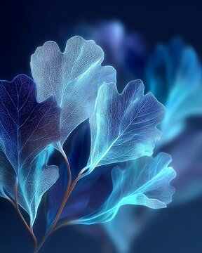 High-end wall art energy translucent blue skeleton leaves with intricate veins glowing against dark moody background