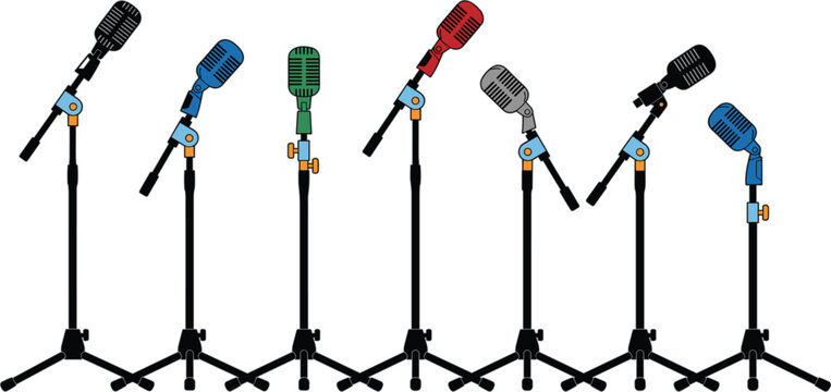 Microphone stand vector collection with dynamic vocal microphones stage audio recording equipment and professional performance accessories