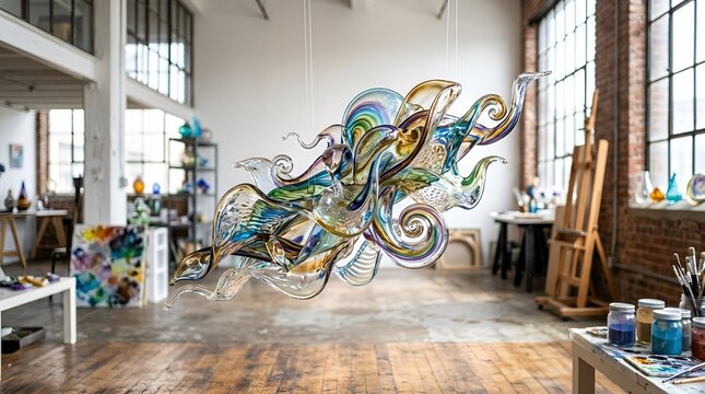 Vibrant abstract glass sculpture art installation indoors studio