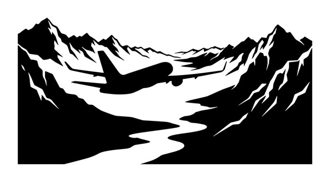 Airplane Flying Through Mountain Valley, Aerial View, Travel Adventure Vector Art
