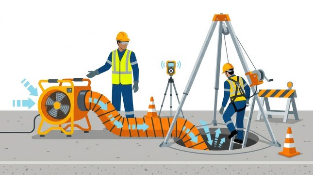 Workers set up air ventilation and monitor safety procedures for manhole entry in an industrial site. Safety permits are essential for this task.