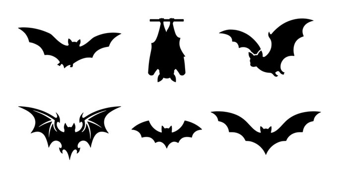 Six Silhouette Bat Icons, Flying and Hanging Vector Graphics for Halloween and Spooky Themes