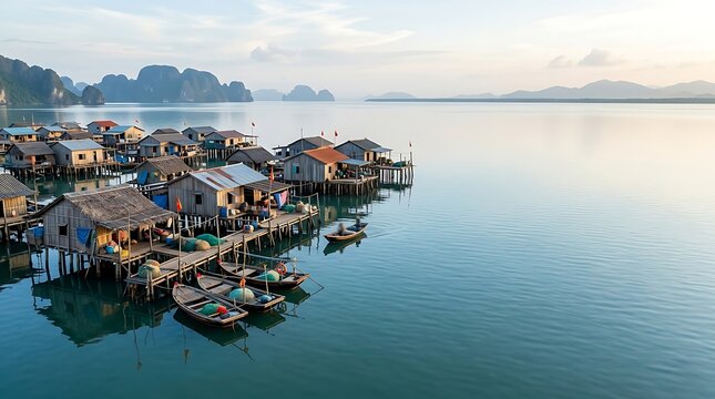 Traditional floating village with stilt houses on calm tropical water
