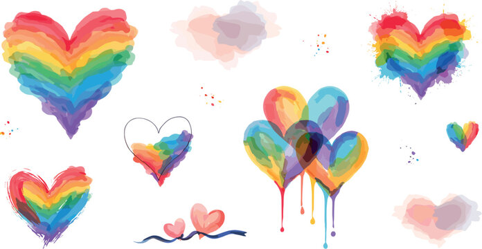 Watercolor rainbow hearts vector set featuring paint splatters bleeding ink textures and pride pride celebration symbols on white background