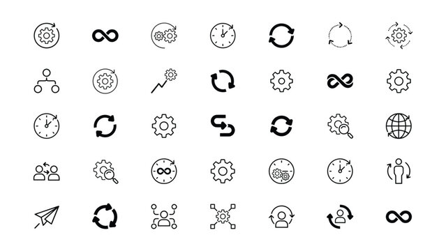 Black and white icons for business process workflow and management