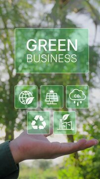 Green Business Sustainability, Animation Eco Icons Appearing Above Open Hand, Renewable Energy, Recycling, Carbon Reduction, ESG Strategy, Environmental Responsibility, Sustainable Business Growth