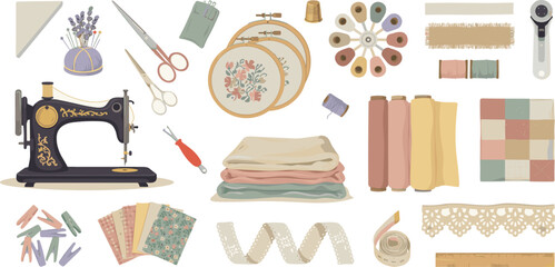 Vintage sewing quilting and embroidery vector element set featuring an antique machine fabric bundles laces hoops and scissors © MdMonirul