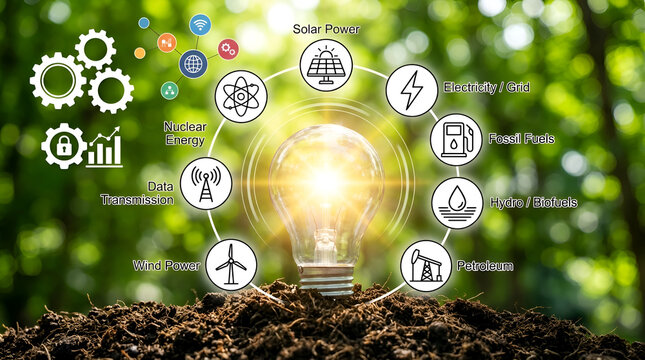 Sustainable Renewable Energy Concept with Light Bulb and Eco Friendly Power Icons in Nature Forest Environment