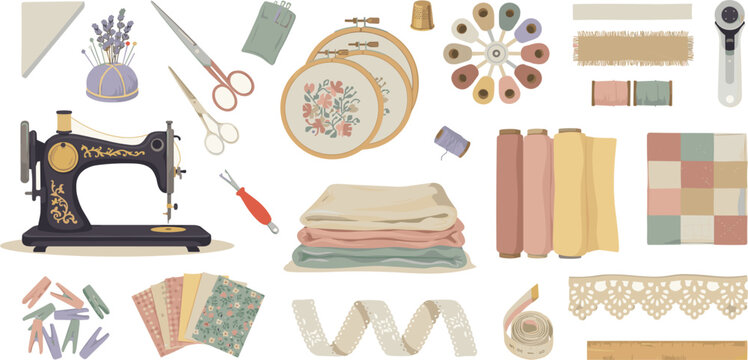 Vintage sewing quilting and embroidery vector element set featuring an antique machine fabric bundles laces hoops and scissors