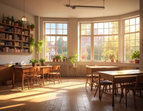 Empty cozy classroom interior with wooden desks and bookshelves illuminated by warm morning sunlight