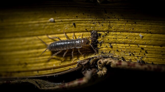 Macro photograph of a woodlouse crawling on a textured yellow leaf.