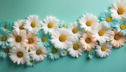 Fototapeta premium Beautiful Daisy Flowers Arranged In A Graceful Curved Decorative Line Against A Soft Light Blue And Green Background