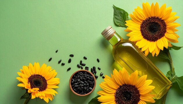Top of view Oil bottle with sunflowers and seeds on a green background