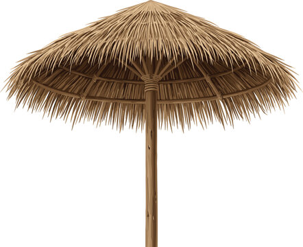 Tropical thatch beach umbrella, summer island parasol, rustic tiki shade for vacation resort, isolated, vector