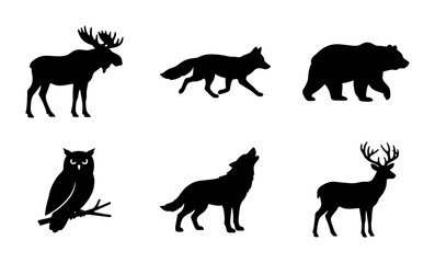 Obraz premium Forest Wildlife Silhouettes: Moose, Fox, Bear, Owl, Wolf, Deer Icons, Vector Set for Nature Design