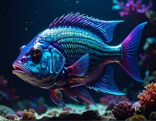 Fototapeta premium Iridescent blue tilapia fish swimming in deep ocean coral reef aquarium under ambient neon light