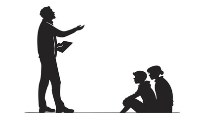 Naklejka premium Teacher silhouette instructing students, male educator holding tablet and lecturing children, mentor guiding young pupils in classroom vector