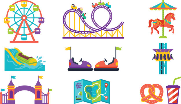 Amusement Park and Theme Park Attraction Vector Icon Set with Colorful Flat Style Rides for Family Vacation Webs, Apps, and Graphic Designs