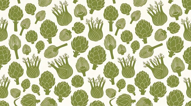 Seamless green artichoke and fennel vegetable pattern on cream