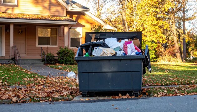 Overflowing residential dumpster with trash. Full waste bin outside a suburban house.
