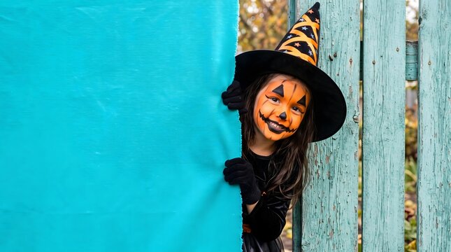 Smiling child in pumpkin face paint with witch hat for halloween