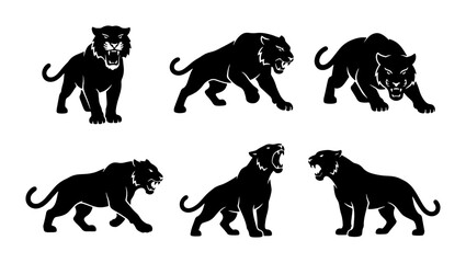 Black Panther Vector Icons Set, Wild Cat Silhouettes Collection, Powerful Feline Poses, Graphic Animal Illustrations © Rumman