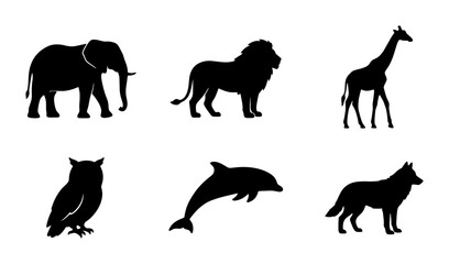 African Wildlife Silhouette Collection: Elephant, Lion, Giraffe, Owl, Dolphin, Wolf Icons. Vector Animal Graphics for Nature and Safari Themes. © Rumman