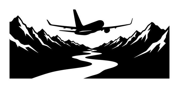 Airplane flying over majestic mountains and winding river, travel and adventure vector graphic