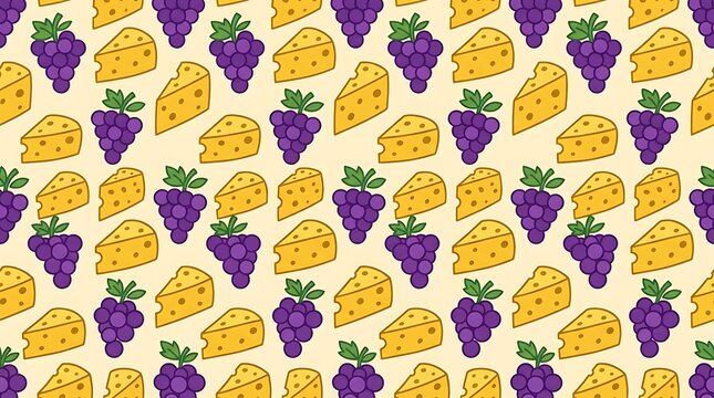 Seamless pattern with purple grapes and yellow cheese wedges