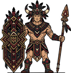 Obraz premium Warrior Illustration with Tribal Armor Spear and Shield for Fantasy Game Design and Media Projects