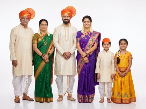 Happy Multigenerational Maharashtrian Family Standing Together in Traditional Clothing on White Background