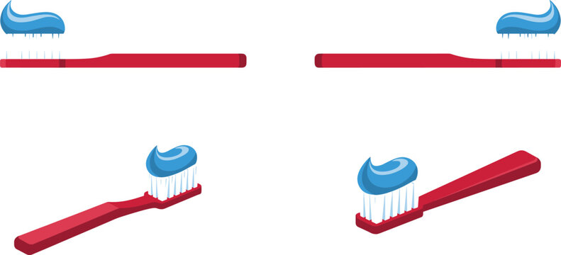 Red toothbrush vector set showing different angles with blue toothpaste paste dollop on bristles isolated on white background