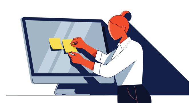 Person placing sticky notes on a computer screen