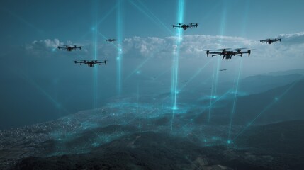 Naklejka premium Futuristic drone fleet guided by ai over a connected city and landscape, symbolizing deep learning, autonomous navigation, real time mapping, and smart aerial intelligence.