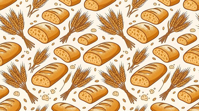 Seamless pattern featuring fresh bread loaves and wheat stalks