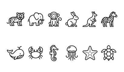 Wild animals and marine life line icon set featuring tiger elephant monkey rabbit kangaroo zebra whale crab seahorse jellyfish starfish and turtle elements © Mdanowrul