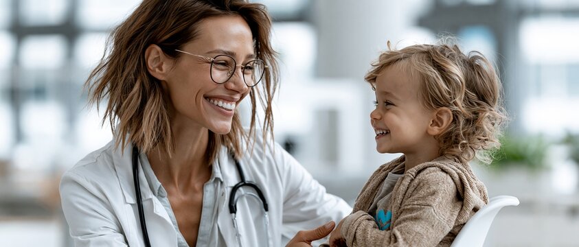 Female pediatric doctor smiling while examining toddler during friendly clinic consultation in bright modern medical office with stethoscope, white coat and calm caring atmosphere