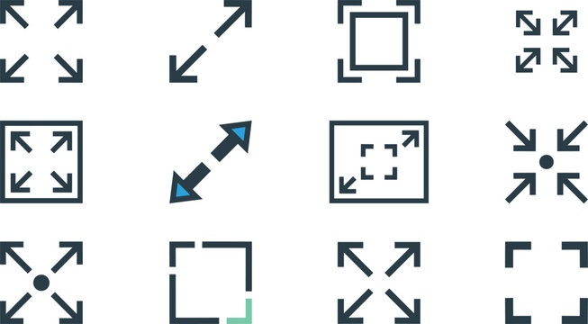 Modern expand and resize line icon set featuring fullscreen, maximize, minimize, scaling, zoom, and frame interface symbols for web and mobile design