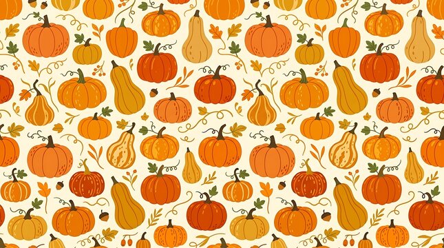 Autumn harvest pumpkin pattern with squash and gourds