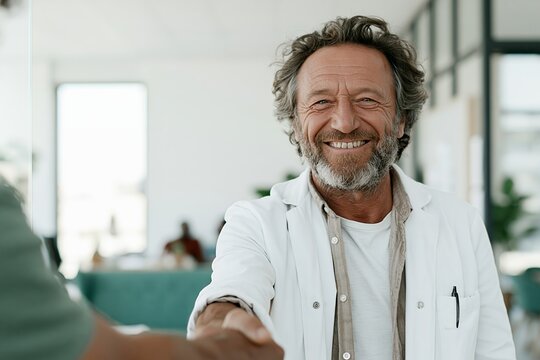 Middle-aged male physician smiling while shaking hands with patient in bright clinic reception area, candid friendly interaction showing trust and rapport, with physician, doctor, handshake, patient